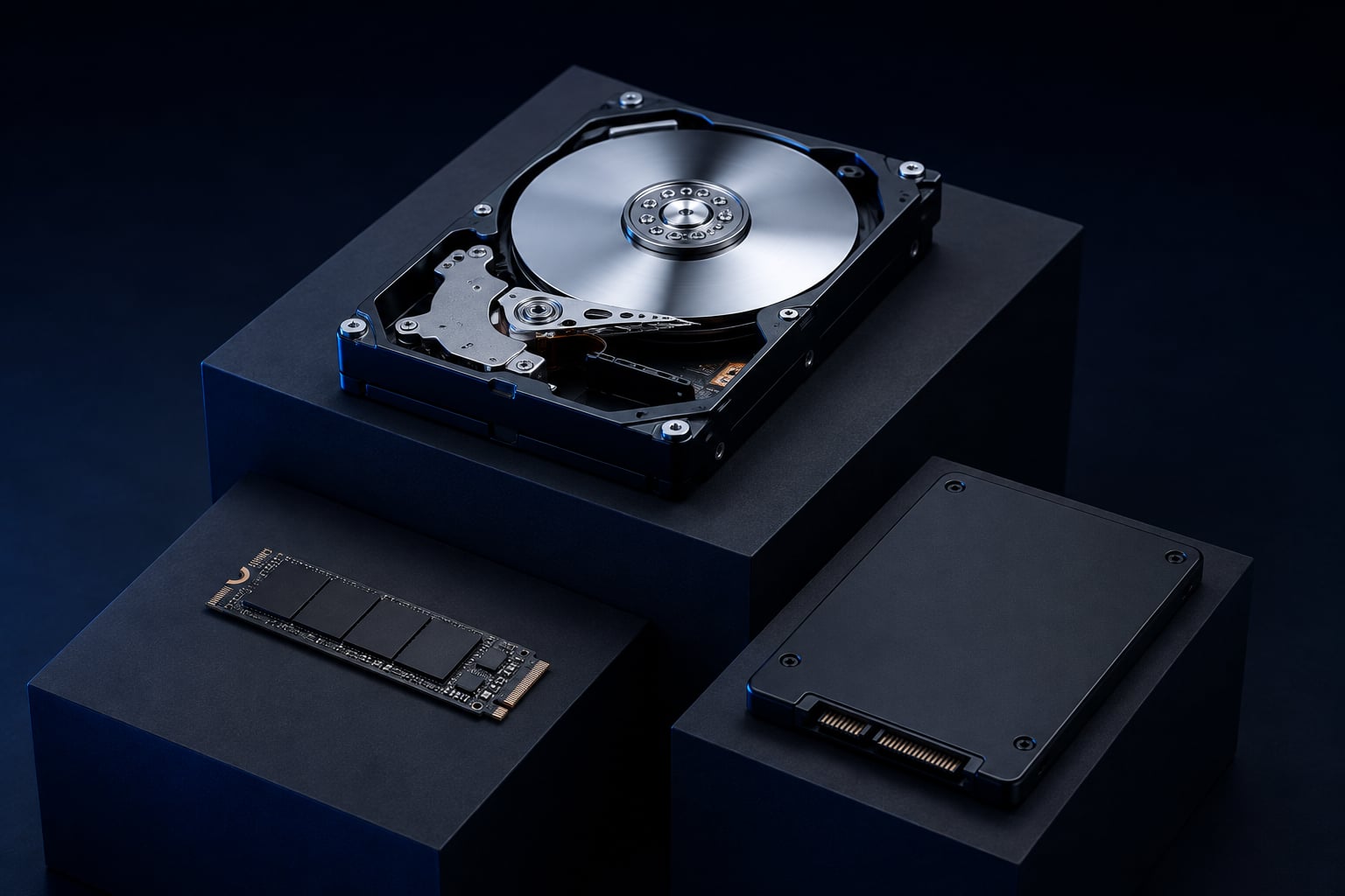 Illustrative studio composition of a hard disk, solid-state drive, and NVMe storage.